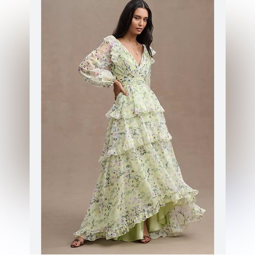 Mac Duggal Sage Green Chiffon Tiered Ruffle Puff Sleeve Gown | 2